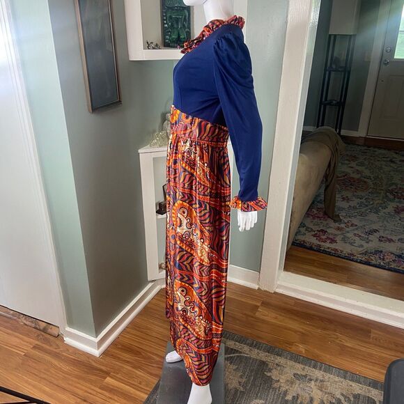 Vintage 60s 70s Paisley Psychedelic Ruffle Hostess Maxi Dress Large L Polyester - Picture 5 of 14